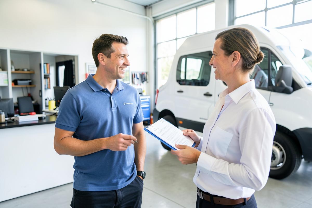 Conseiller du garage échangeant avec une cliente professionnelle devant un utilitaire