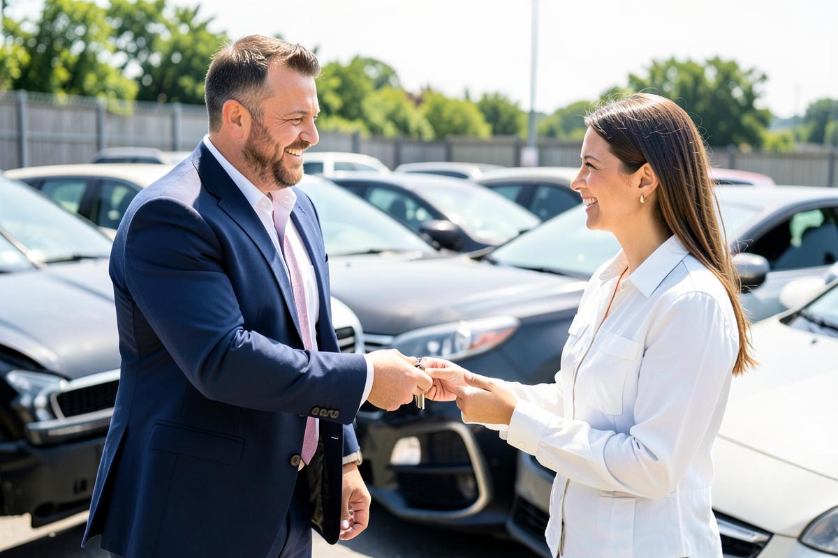 Remise des clés d'un véhicule d'occasion à une cliente satisfaite