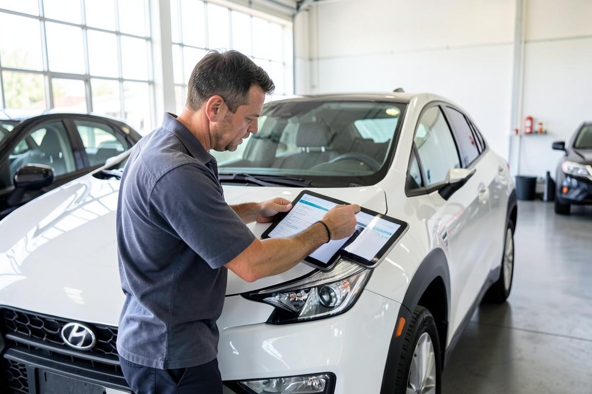 Technicien contrôlant un véhicule LOA avant restitution avec une tablette